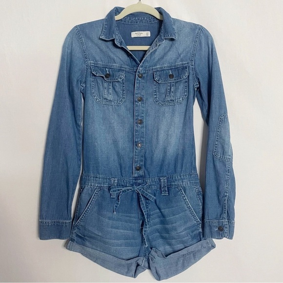 Abercrombie & Fitch Denim Long Sleeve Romper Cotton Jumpsuit - Picture 1 of 14
